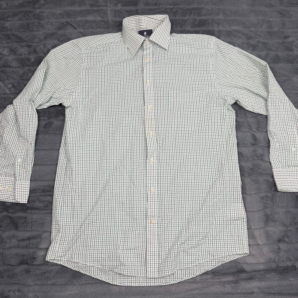 Stafford Mens Green Blue Tattersall Check Easy Care Broadcloth Button Down Shirt